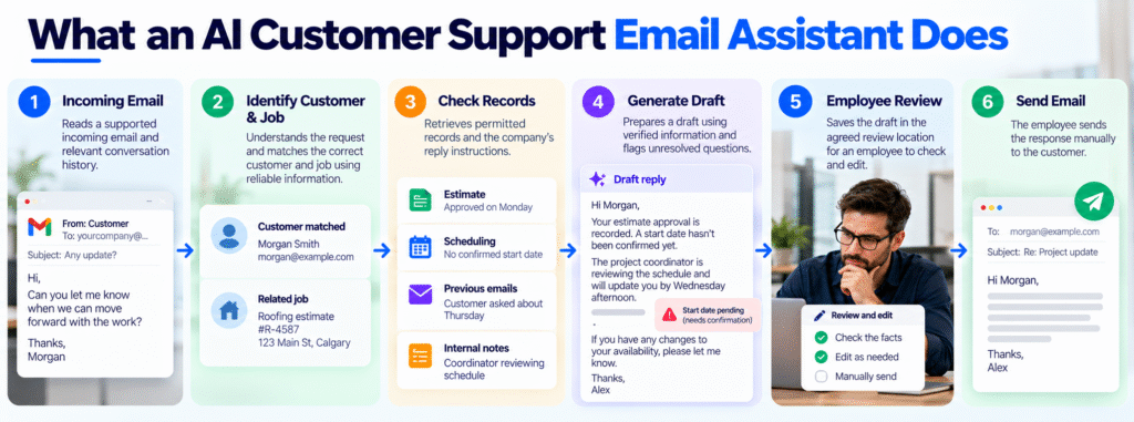 AI customer support email automation workflow showing email review, job record verification, draft creation, and employee approval