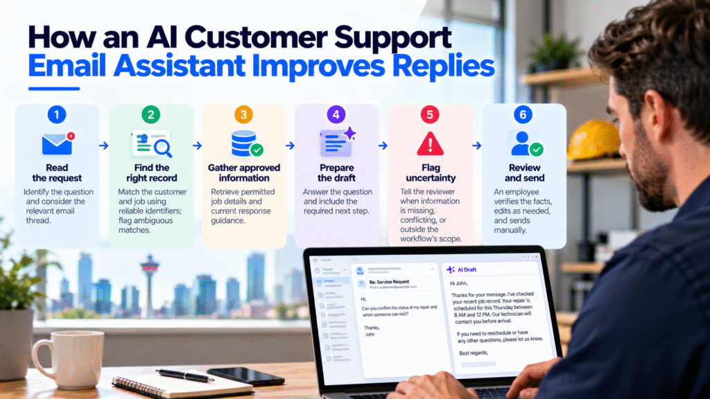 Six-step contractor email workflow showing customer record checks, AI drafting, missing-information flags, and employee review before sending.