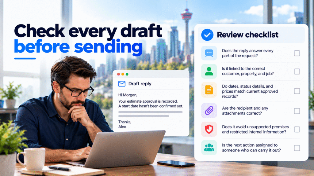 Customer support email review checklist showing customer verification, appointment accuracy, and employee approval before sending