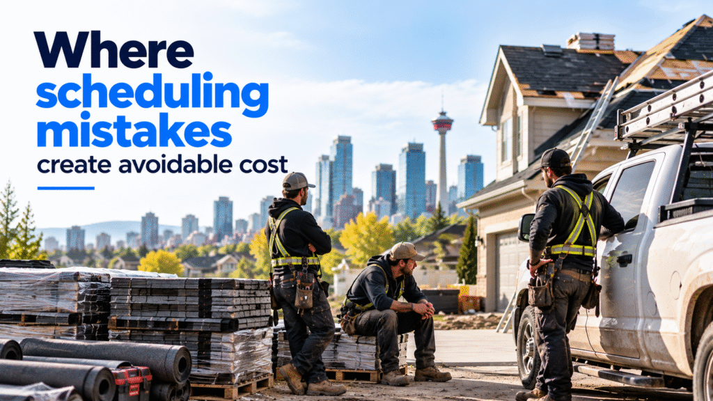 Calgary roofing crew experiencing a scheduling delay at a residential job site.