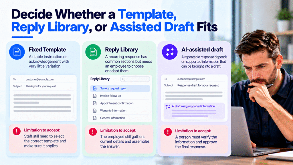 Comparison of fixed email templates, reply libraries, and AI-assisted drafts for contractor customer emails.