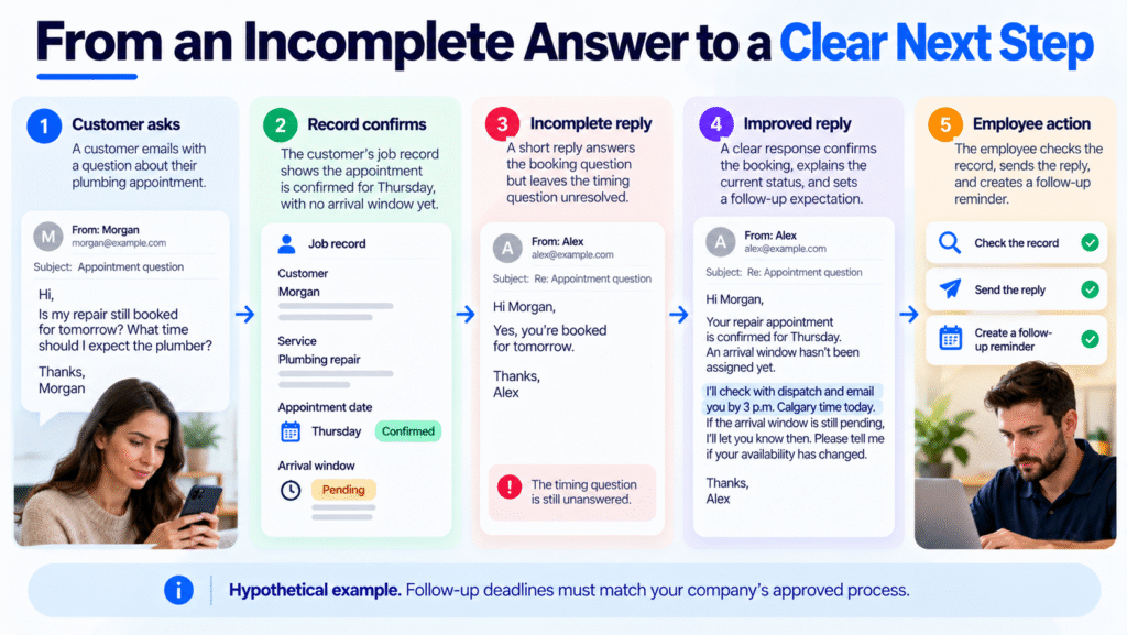 Comparison of incomplete and improved plumbing appointment replies, showing confirmed details, a pending arrival window, and an employee-owned follow-up.